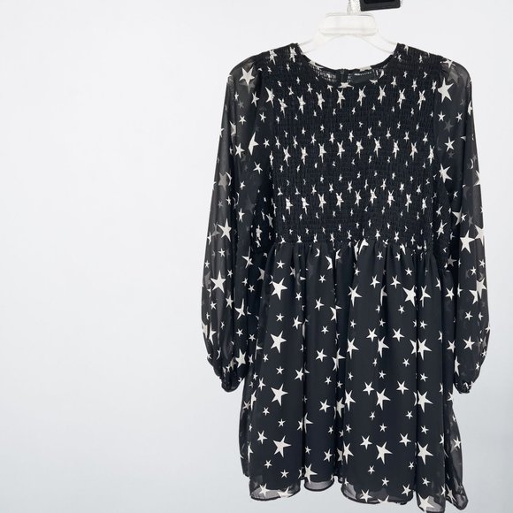 ASOS Design: Black Made in India Star Dress With Sheer Sleeves and Ruched Bodice - Picture 1 of 7